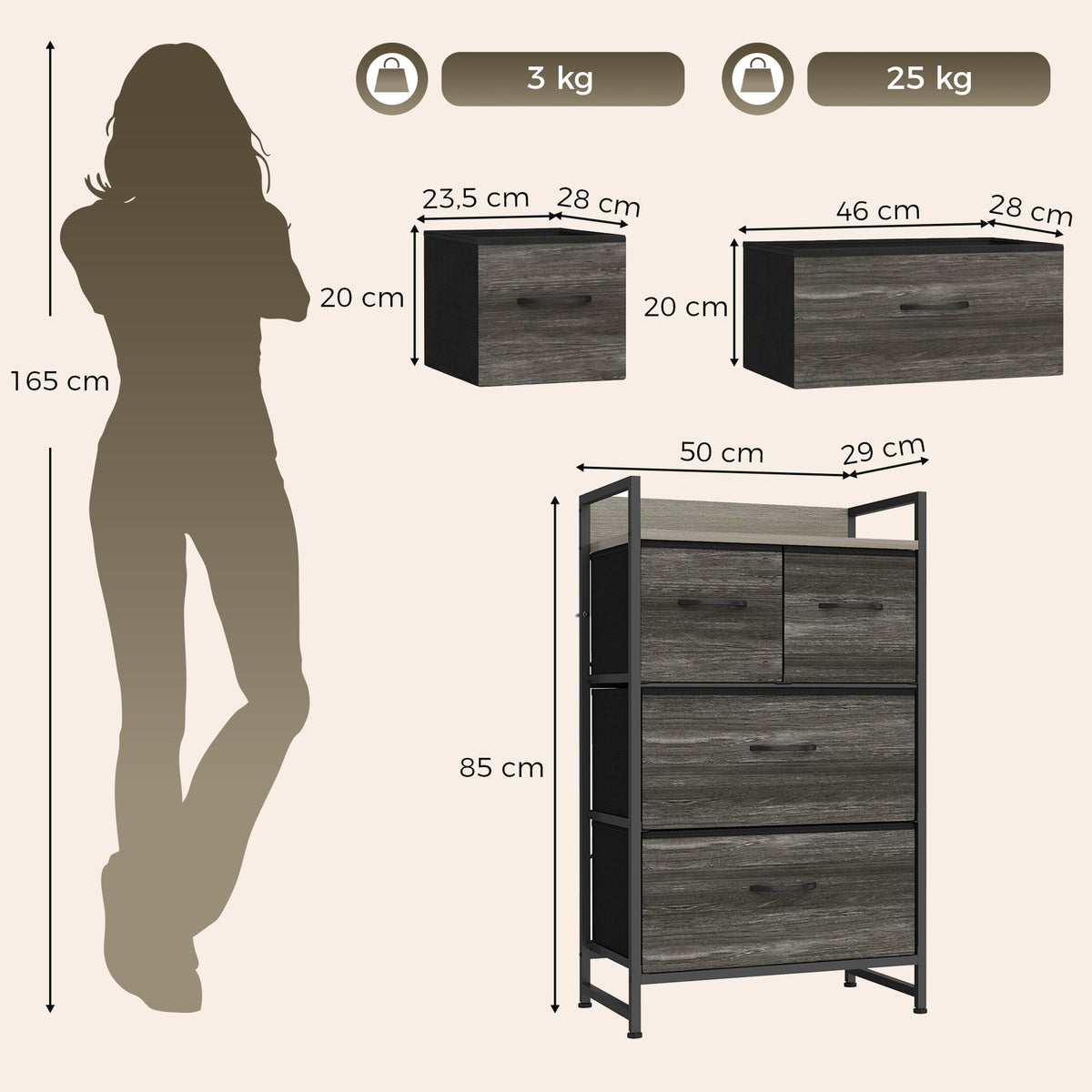 Meuble de Rangement Style Industriel, Commode 4 Tiroirs en Tissu Pliables et Amovibles et 1 Étagère, 50x29x85cm, Gris-2