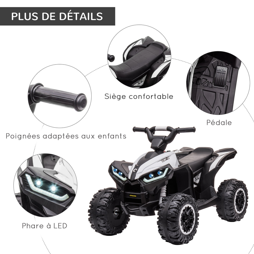 Quad buggy électrique enfant 12 V 6 Km/h max. effets lumineux selle pour enfant 3-5 ans métal PP noir blanc-6