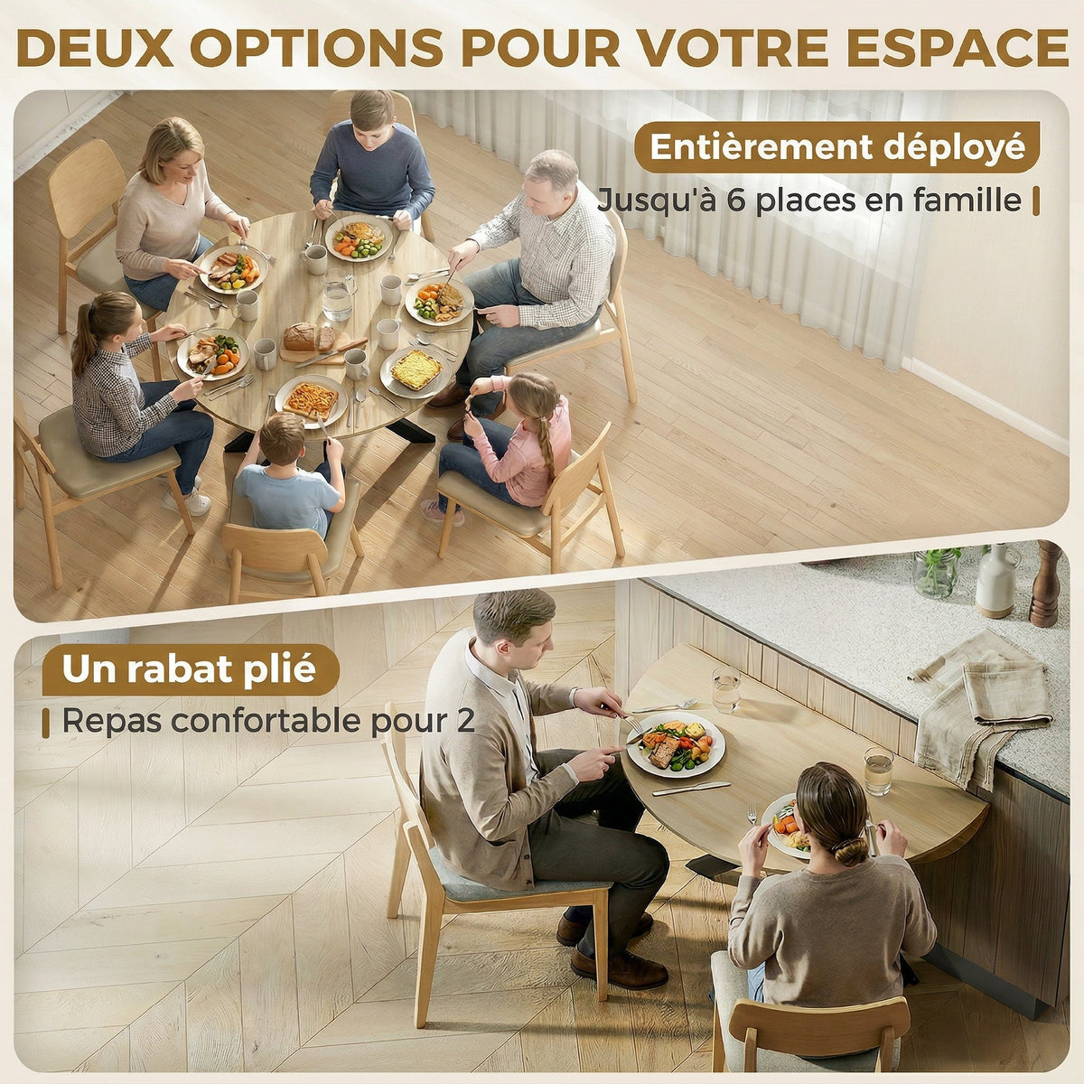 Table à manger pliante pour 2 à 6 personnes, table de cuisine ronde avec pieds croisés en acier, bois naturel-3