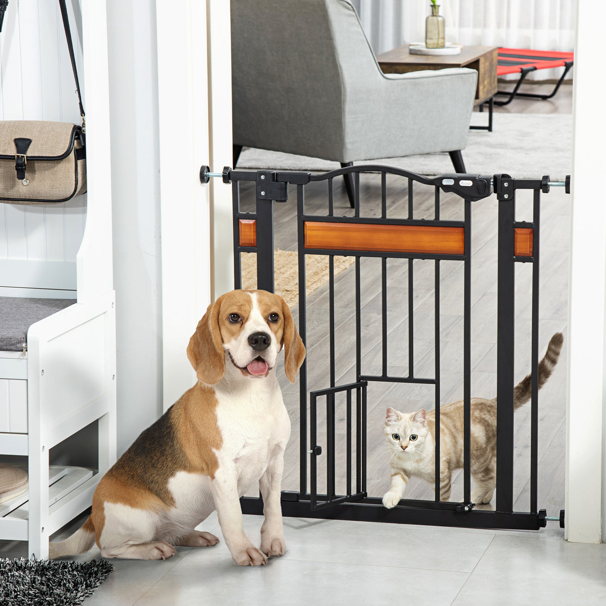 Barrière de sécurité pour animaux système de double verrouillage sans perçage 74 à 80 cm acier bois de pin noir-1