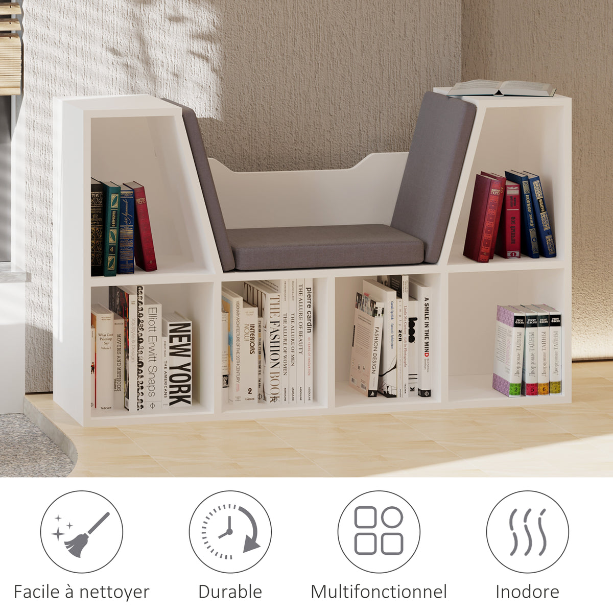Bibliothèque banc 2 en 1 avec coussins de siège, étagère cube 6 compartiments ouverts et 2 niveaux, meuble de-6