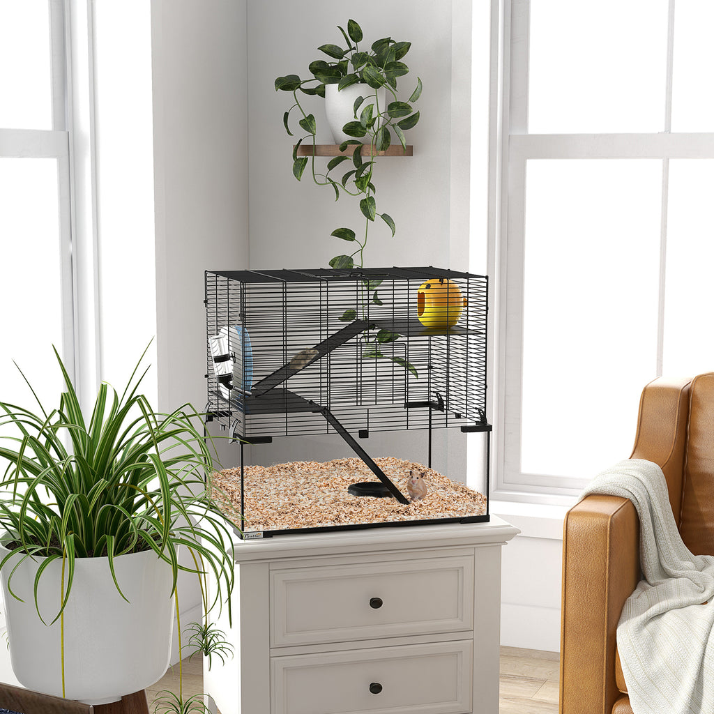 Cage hamster cage rongeur 3 niveaux avec roue rampes maisonnette abreuvoir mangeoire 60L x 40l x 54,5H cm noir-1