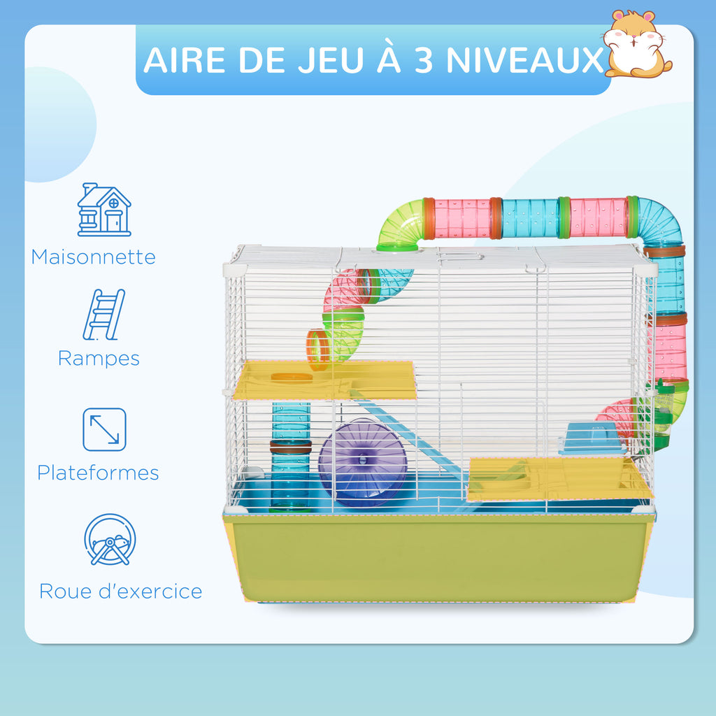 Cage à hamster rat rongeur 3 niveaux avec tunnel, biberon eau, roue, maisonnette, échelles dim. 59L x 36l x 47H cm-3