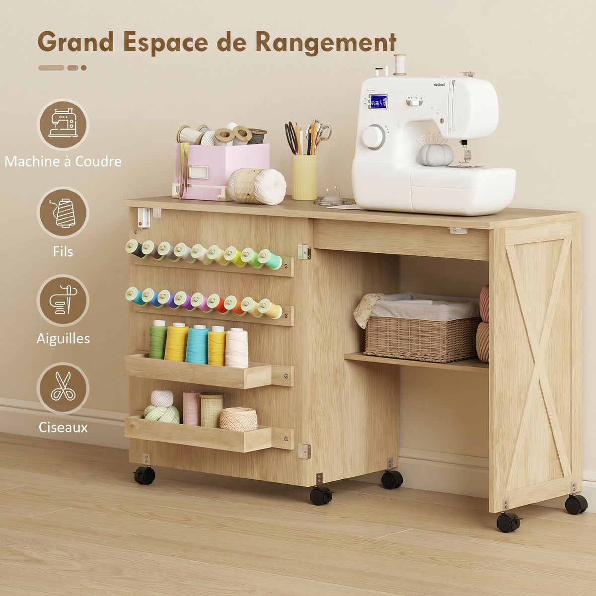 Table de Couture Pliante, Meuble Couture Roulant, Porte Magnétique de Grange, 2 Bacs, Étagère, 18 Chevilles, Naturel-3