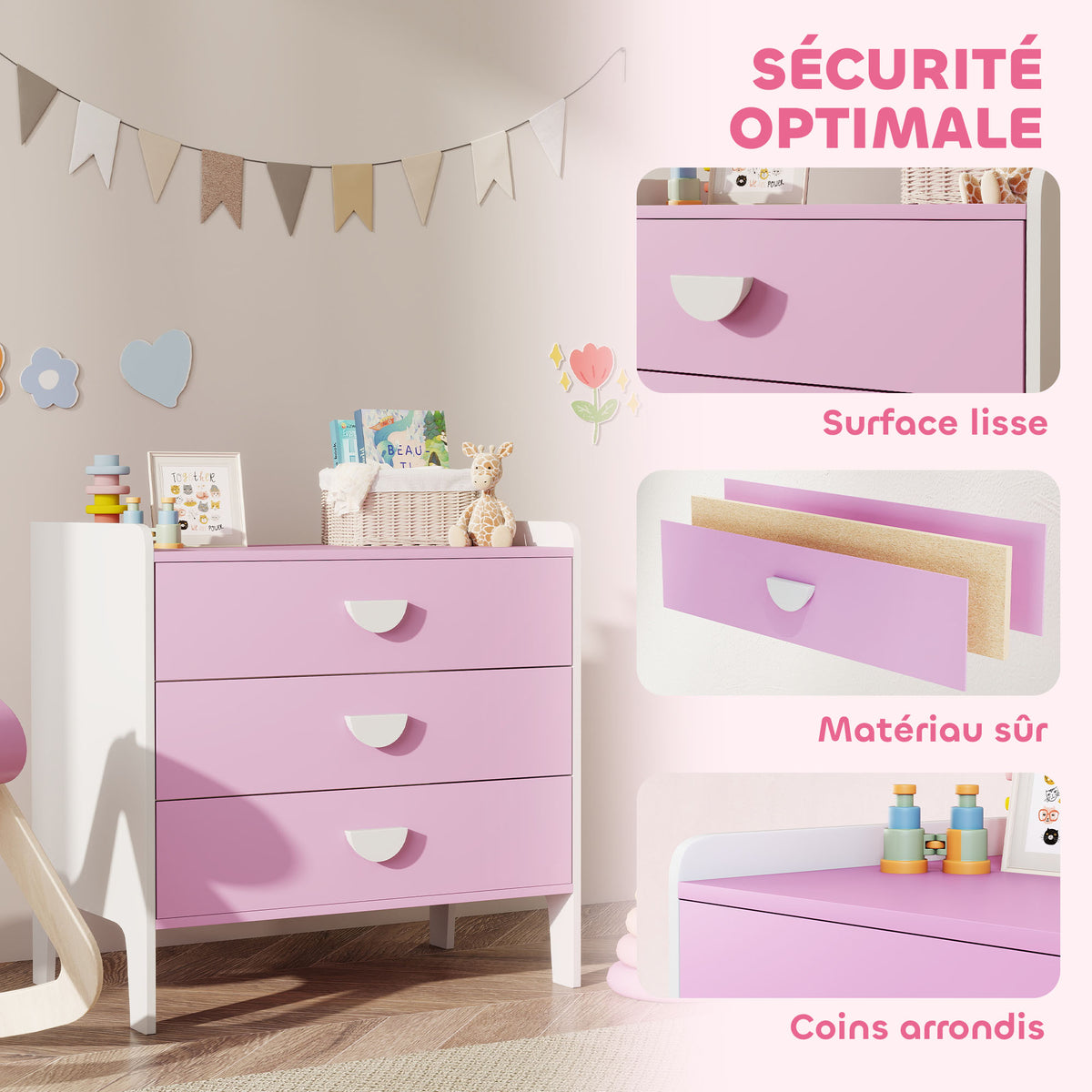 Commode pour enfants, commode rangement 3 tiroirs pour chambre d'enfant, crèche, salle de jeux, 60 x 40 x 60 cm, rose-5