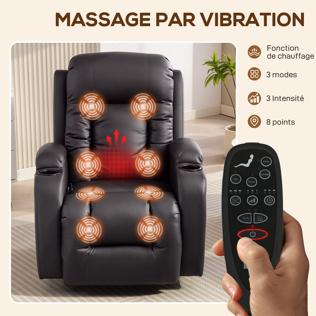 Fauteuil inclinable de massage et chauffage, fauteuil de relaxation, dossier réglable, pivotant 360°, 82x99x103cm, marron-3