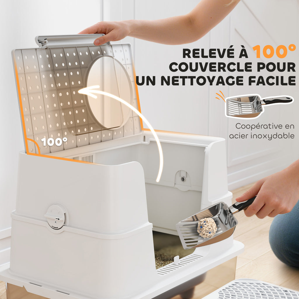 Bac à Litière XL en Acier Inoxydable pour Grand Chat, Couvercle Pivotant 100°, Pelle, 60,2x40,2x44,5cm, Gris Clair-5