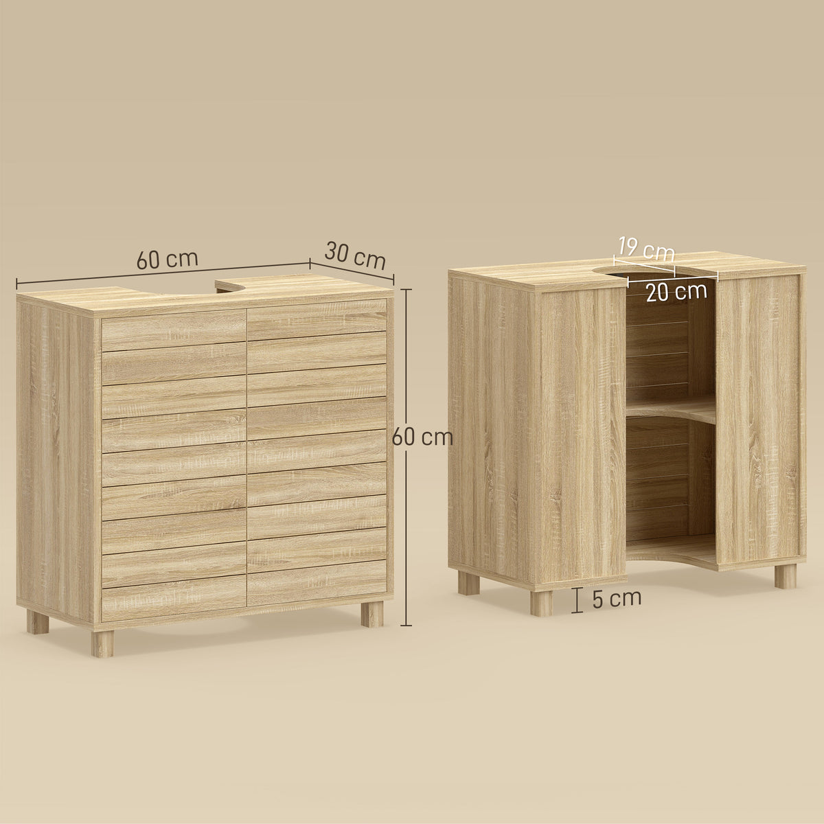 Meuble sous Lavabo, Découpe en Forme U, Portes à Lattes, Étagère Réglable, Ouverture par Pression, 60x30x60cm, Naturel-2