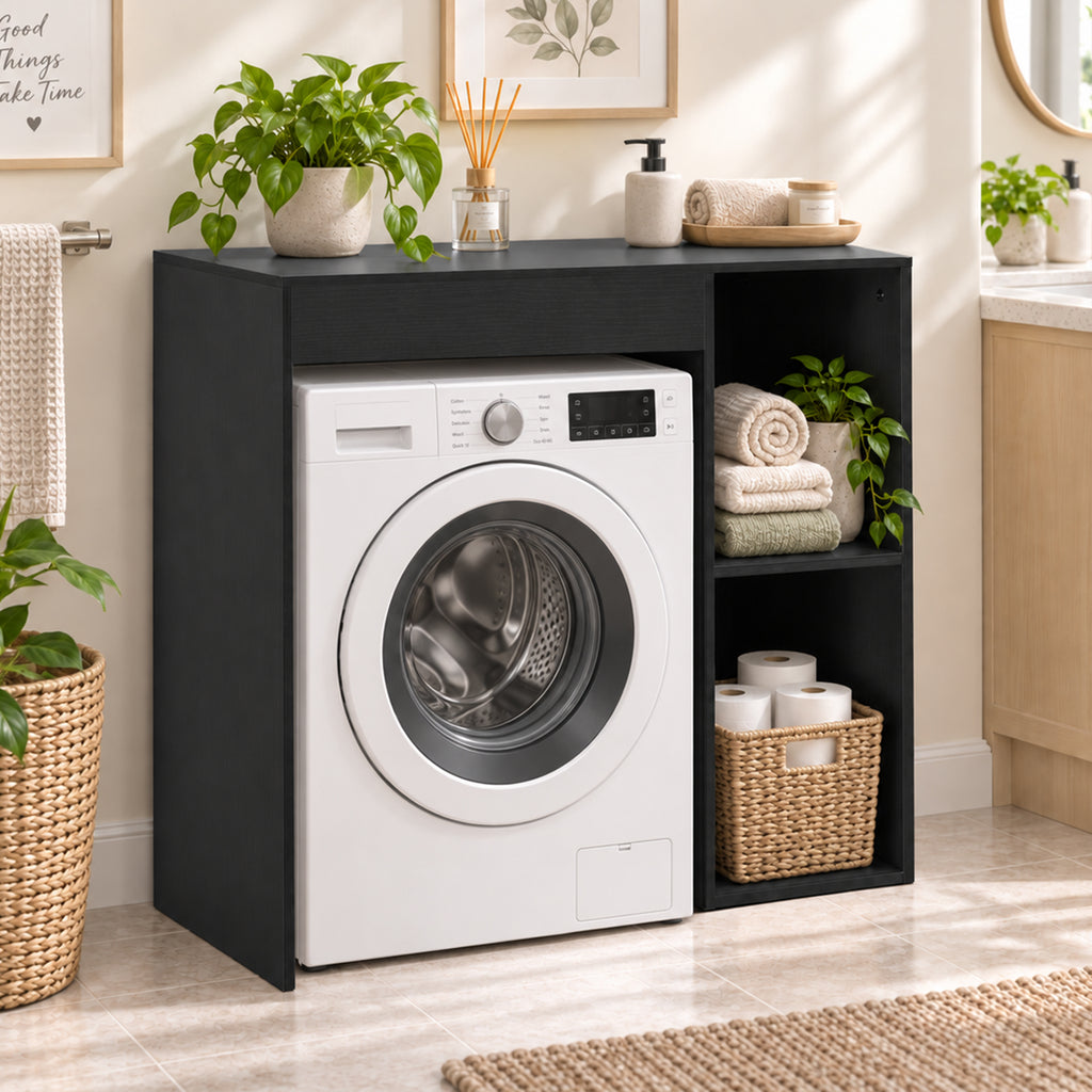 Meuble machine à laver, armoire machine a laver et sèche-linge avec 2 compartiments ouverts, 96 x 60 x 90,5 cm, noir-7