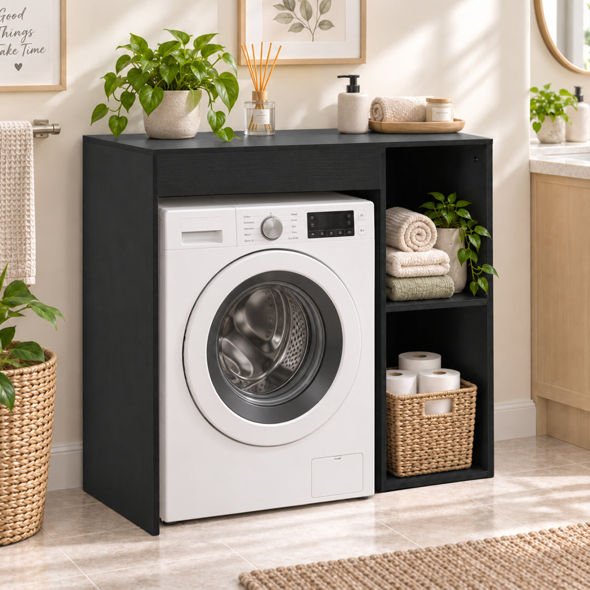 Meuble machine à laver, armoire machine a laver et sèche-linge avec 2 compartiments ouverts, 96 x 60 x 90,5 cm, noir-7