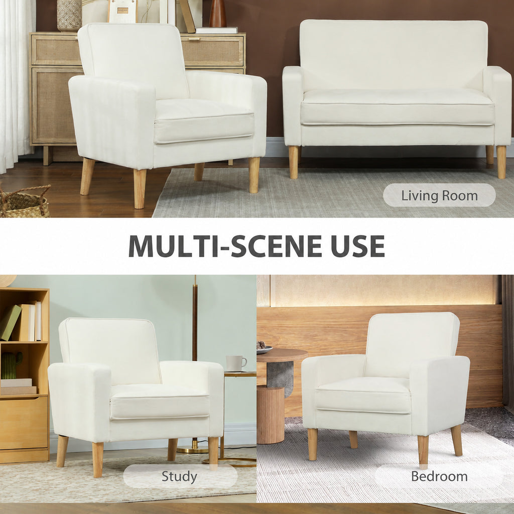 Fauteuil de salon en velours, canapé 1 place rembourré avec assise large, pour chambre, salon, petit espace, crème-7