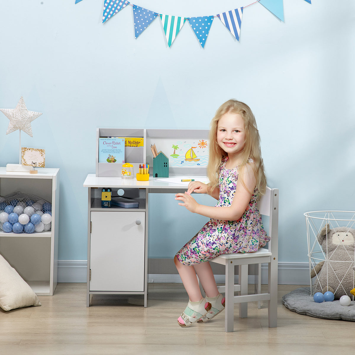 Ensemble table et chaise pour enfant avec tableau blanc - bureau pour enfant +5 ans - 90L x 45l x 85H cm Gris-1