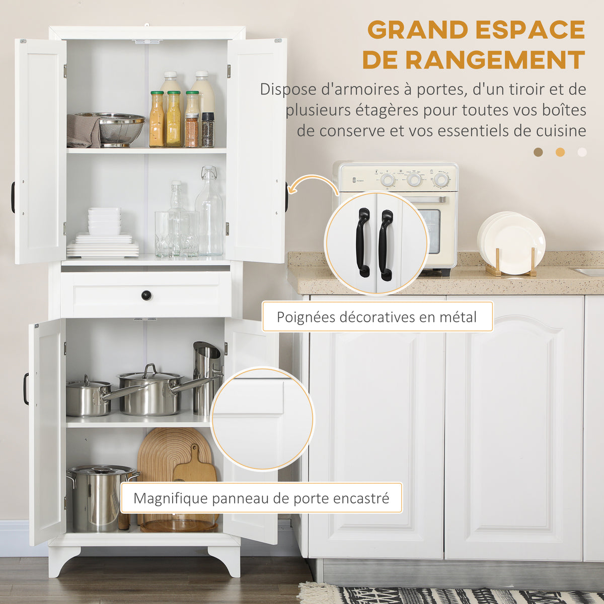 Buffet haut armoire de cuisine 4 portes 2 placards et 1 tiroir central hauteur 170 cm avec étagère réglable blanc-3
