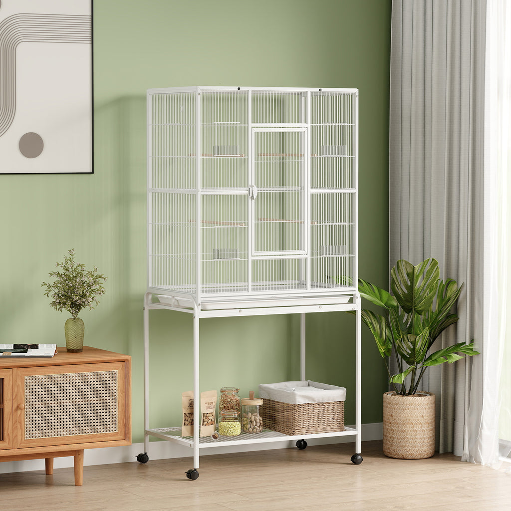 Cage à Oiseaux Portable avec 4 Mangeoires et 4 Perchoirs Pratique 81 x 48 x 162,5 cm Blanc-1