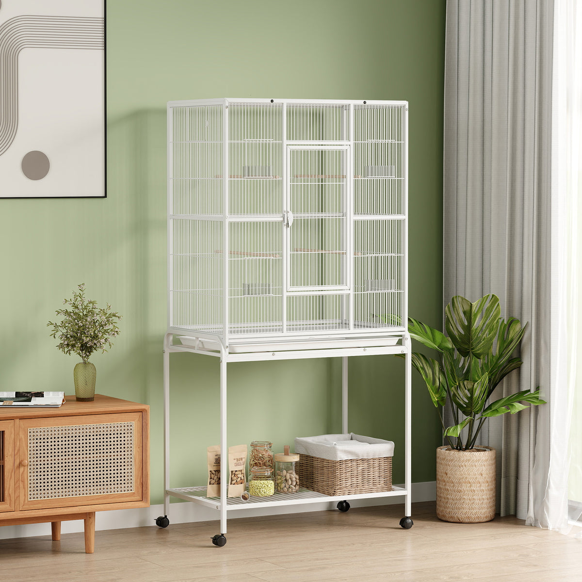 Cage à Oiseaux Portable avec 4 Mangeoires et 4 Perchoirs Pratique 81 x 48 x 162,5 cm Blanc-1