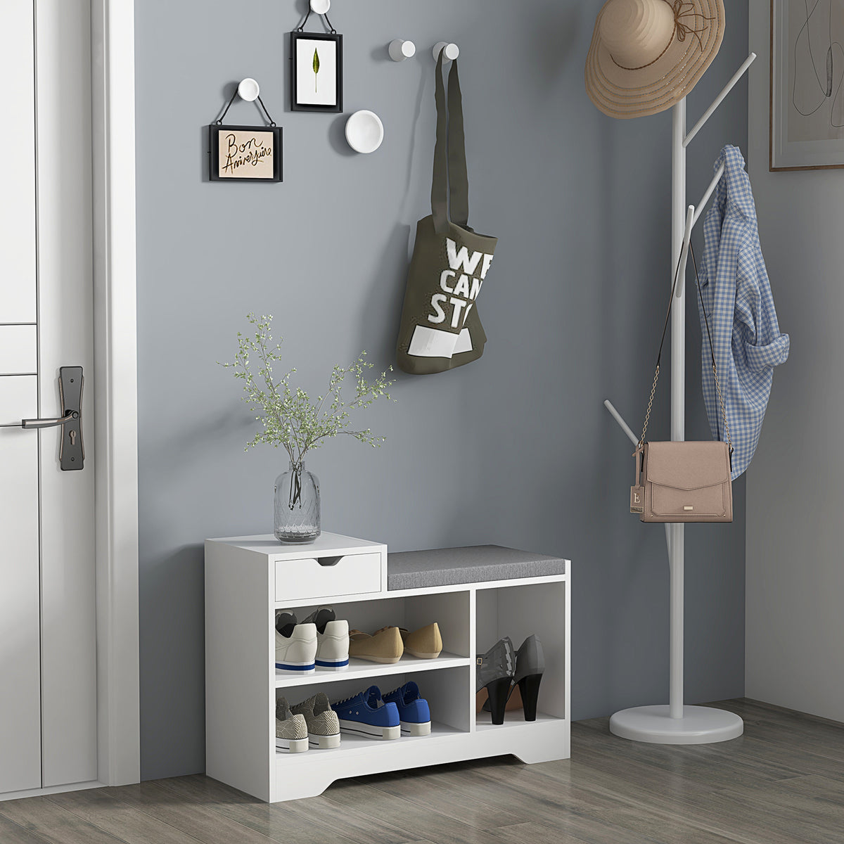 Meuble et banc à chaussures 1 tiroir et 3 compartiments, capacité 5 paires MDF, 76,5L x 30D x 52H cm-1