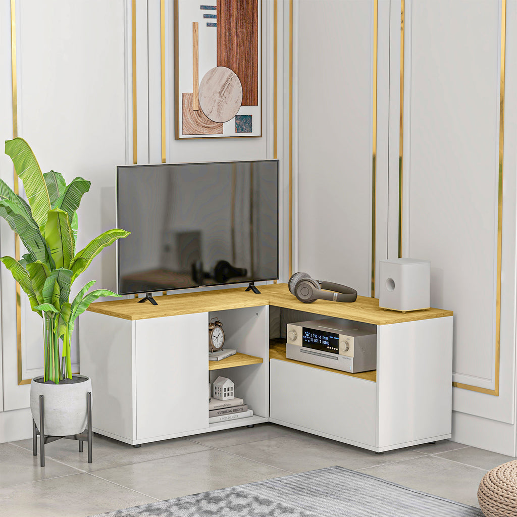 Meuble TV d'angle banc télévision jusqu'à 40 pouces avec rangements aspect bois clair et blanc-1