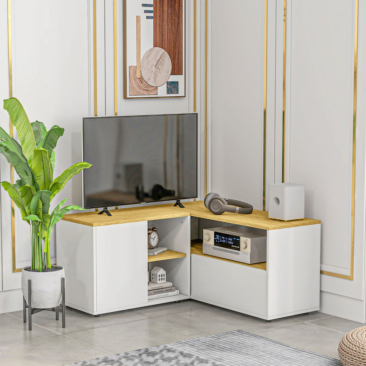 Meuble TV d'angle banc télévision jusqu'à 40 pouces avec rangements aspect bois clair et blanc-1