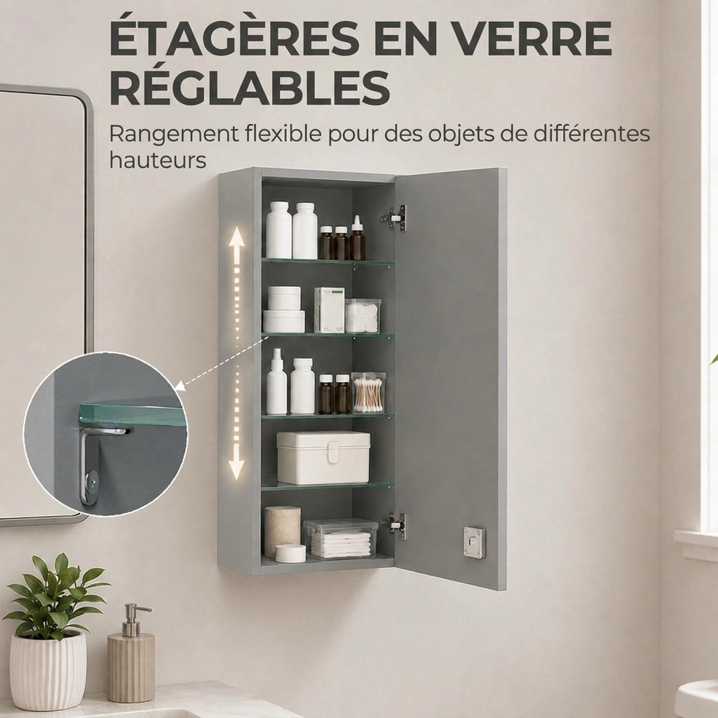 Armoire à pharmacie murale avec serrure, 5 étagères et tablettes réglables, bois et verre, gris, 30x20x70cm-6