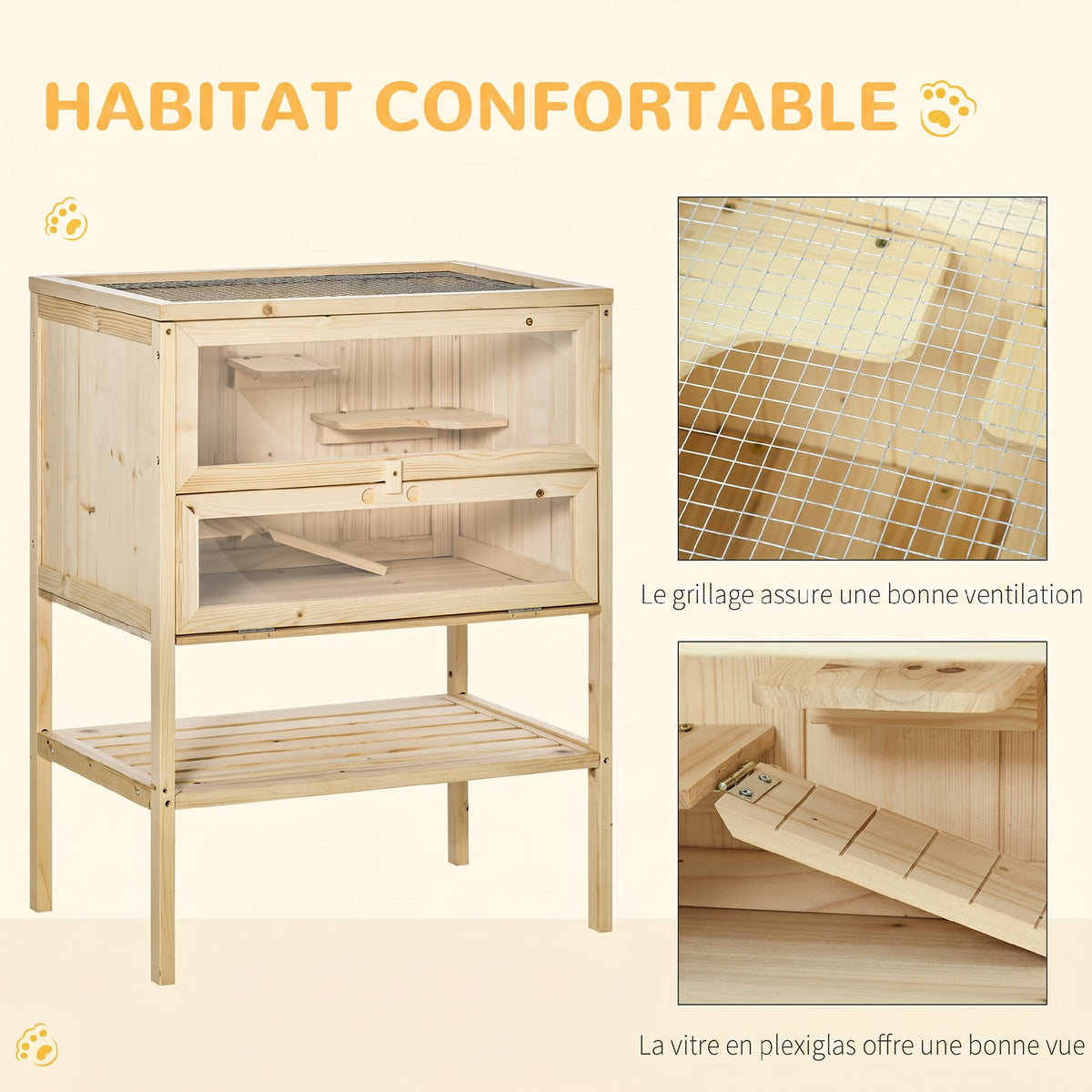 Cage Hamster en Bois à 3 Niveaux avec Plateformes, Échelles, Étagère, Fenêtre, Toit Ouvrable, 60x40x80cm, Naturel-5