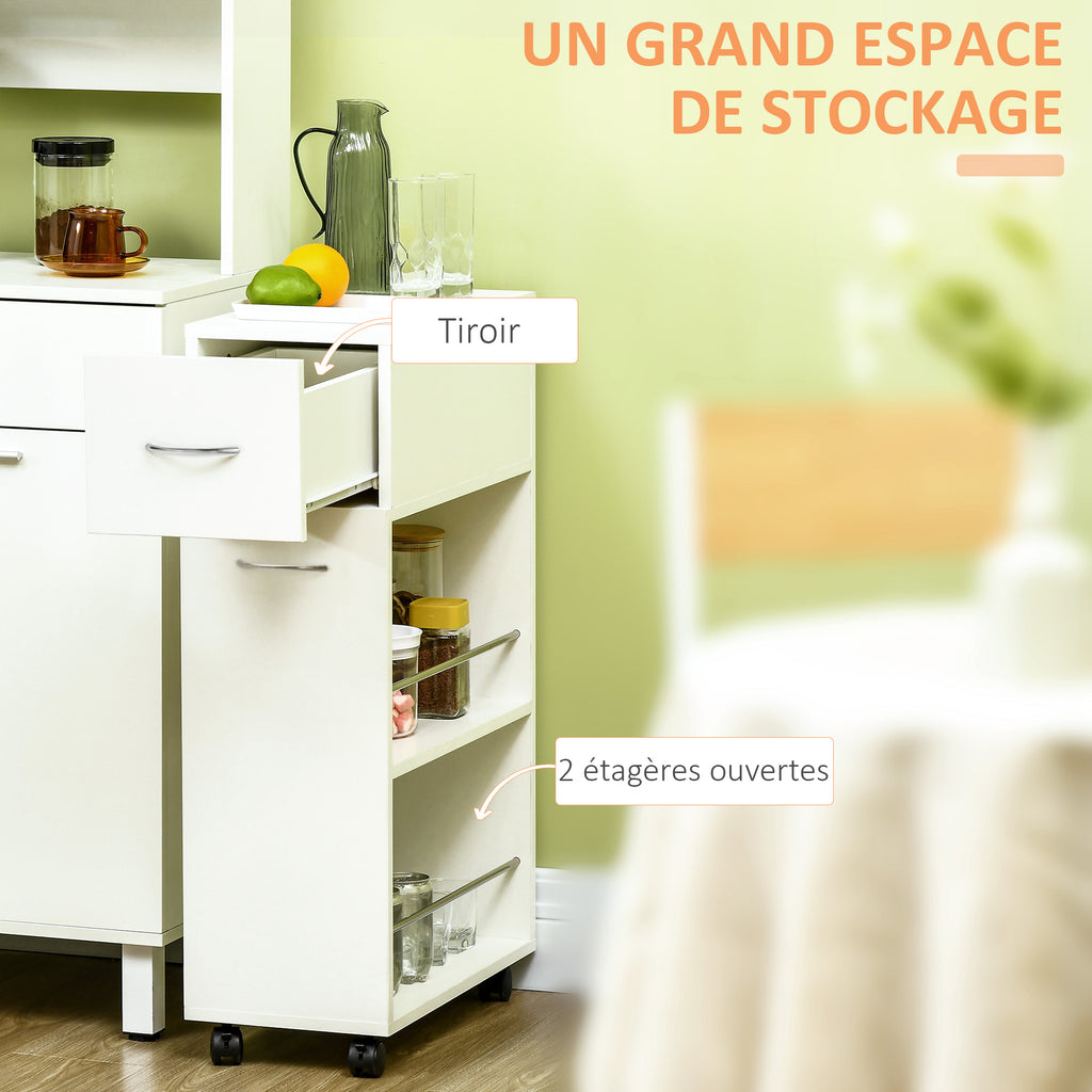 Chariot de cuisine avec 1 tiroir et 2 étagères ouvertes sur roulettes pour 25 x 50 x 85 cm Blanc-3