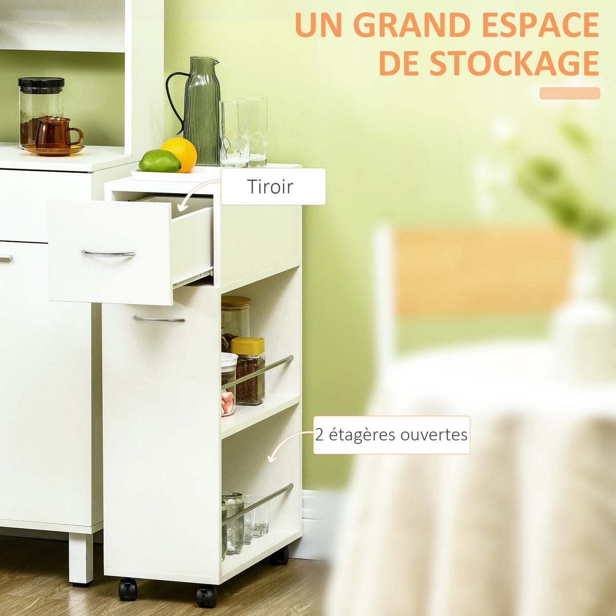 Chariot de cuisine avec 1 tiroir et 2 étagères ouvertes sur roulettes pour 25 x 50 x 85 cm Blanc-3