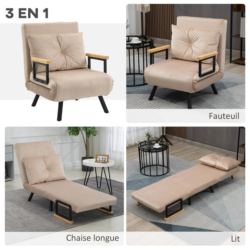 Fauteuil convertible 3 en 1 lit 1 place dossier 5 positions, accoudoirs en bois et coussin, tissu effet velours, beige-3