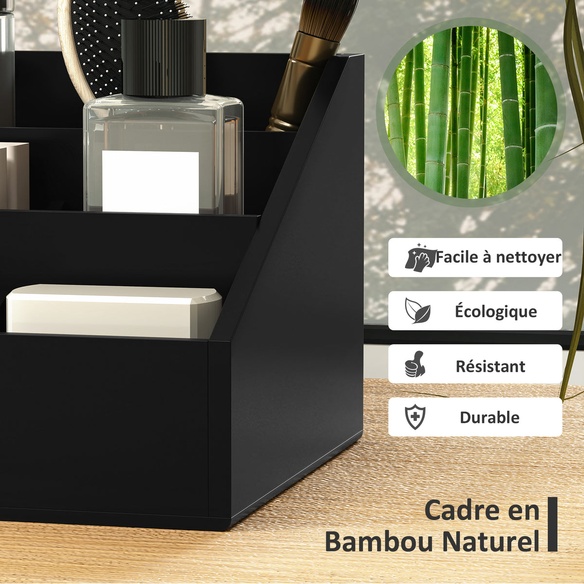 Boite de Rangement de Bureau - Organiseur de Bureau - 7 Compartiments, 2 tiroirs - Bambou Verni Noir-4