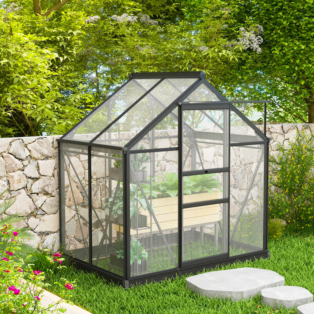 Serre de jardin polycarbonate 190 x 132 x 201 cm résistant aux UV 30+ fondation renforcé gouttière gris-7