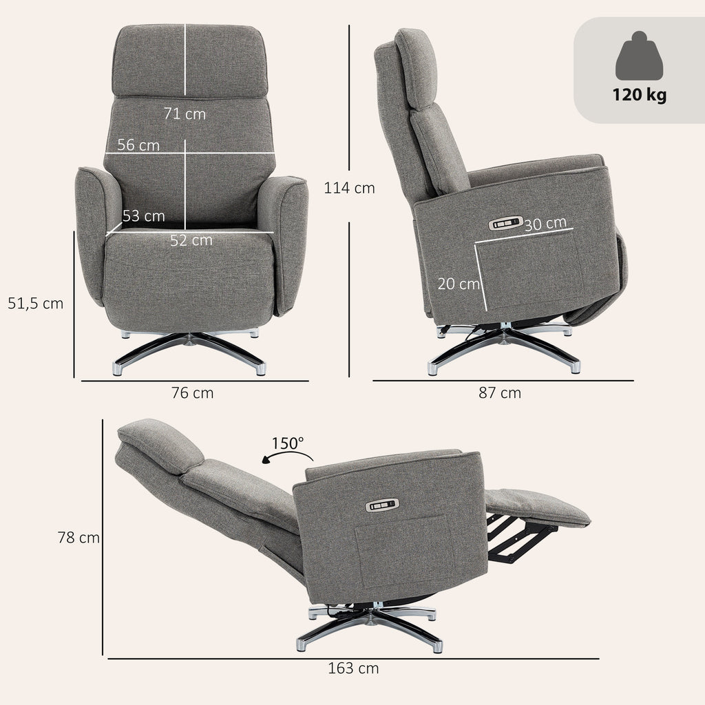 Fauteuil Relax Électrique Pivotant 360°, Fauteuil Inclinable avec Appui-Tête Réglable, Ports USB, Tissu en Lin, Gris-2