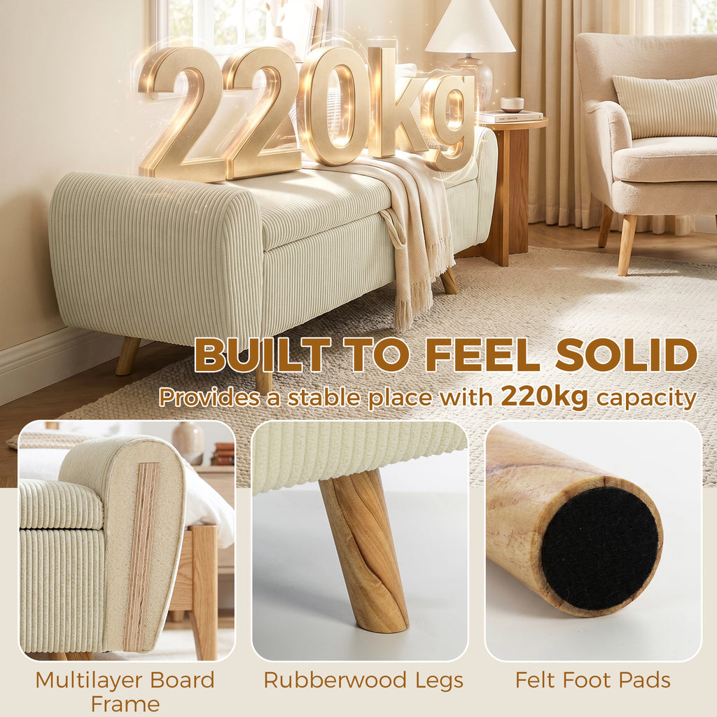 Banc de rangement 73 L, coffre de rangement rembourré en velours côtelé avec accoudoirs et pieds en bois d'hévéa, beige-7