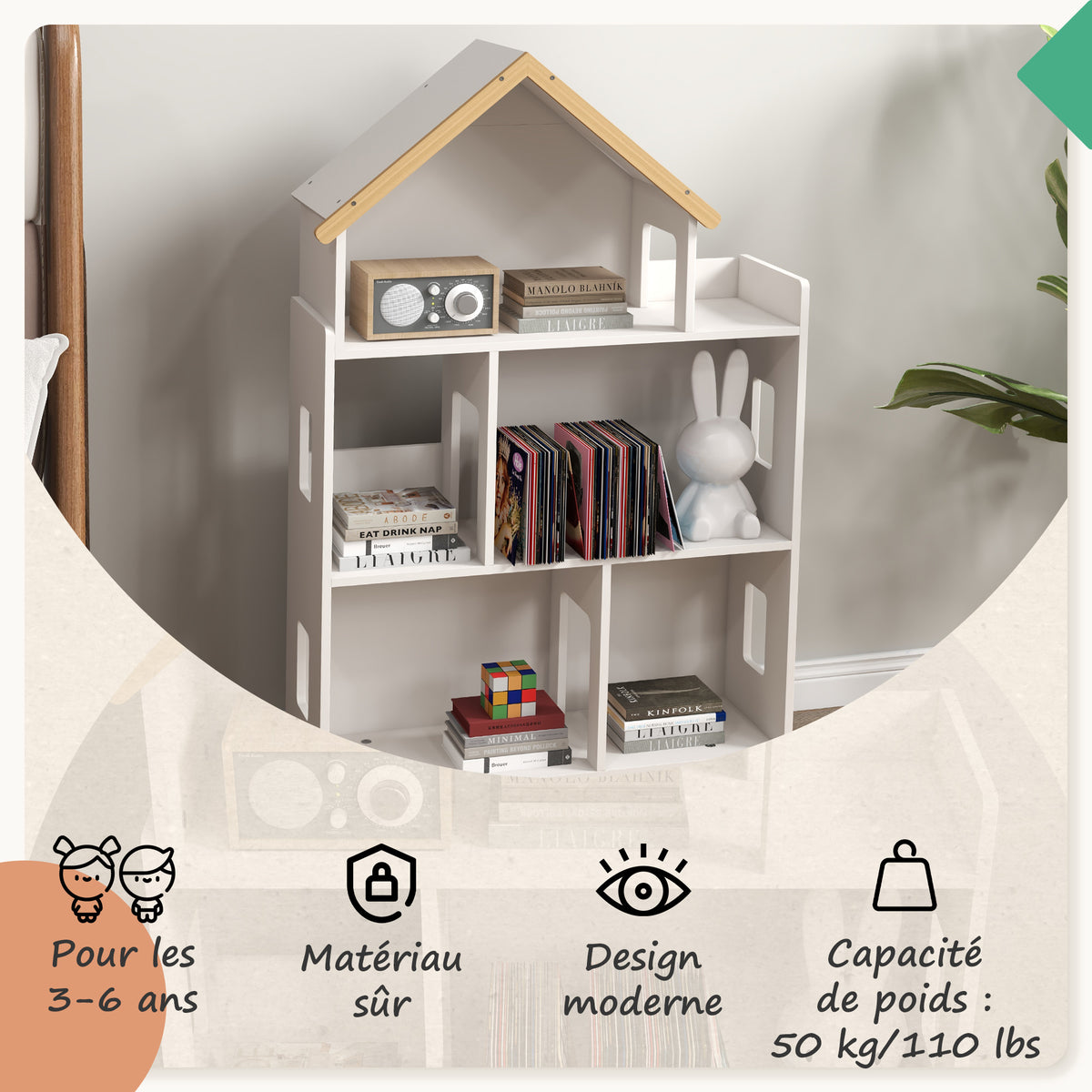 Étagère de rangement pour jouet enfant et livres forme de maison 3 niveaux  65 x 25 x 108,5 cm blanc et naturel-4