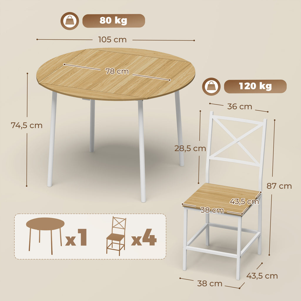 Ensemble Table Salle à Manger avec 4 Chaises pour 4 Personnes, Table de Cuisine Pliante 105 cm Chaises Empilables, Chêne-2