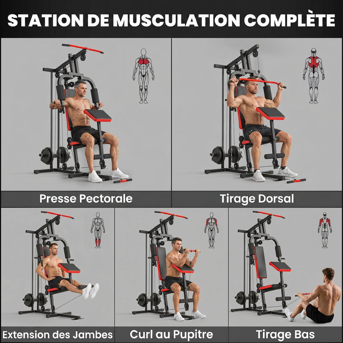 Station de Musculation Multifonction à Disques Libres, avec Banc Amovible, 136x107x205cm, Noir et Rouge-4