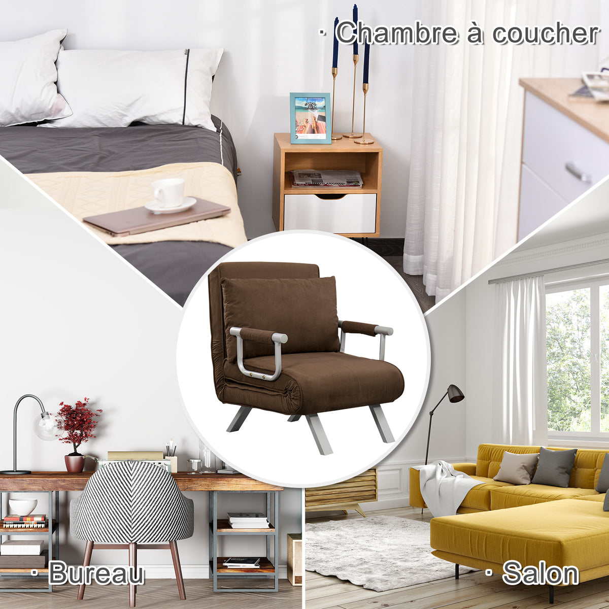 Fauteuil chauffeuse canapé-lit Convertible 1 Place déhoussable Grand Confort Coussin Pieds accoudoirs métal suède Marron-4