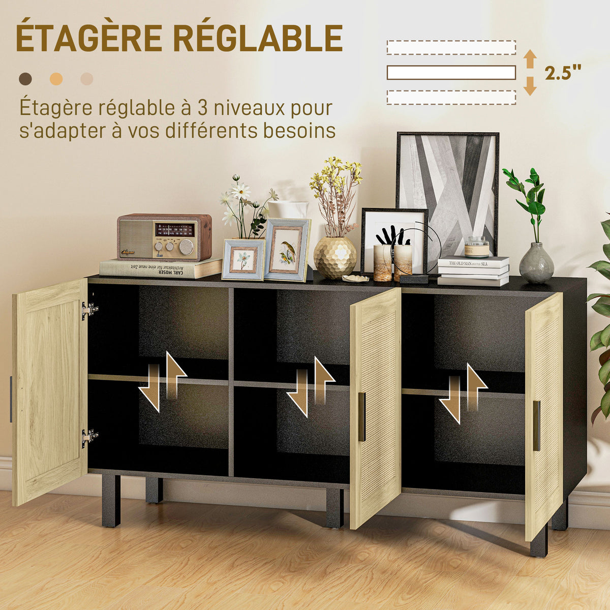 Meuble de rangement avec placards à portes effet cannage, étagères réglables, 136 x 41 x 70 cm, noir et bois naturel-5