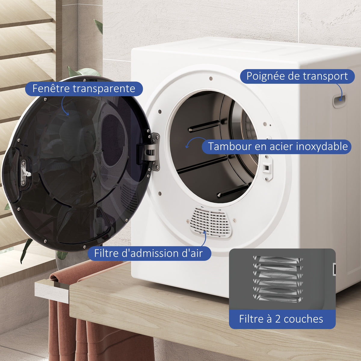 Sèche-Linge électrique portable 850W, capacité 33L 4 modes de fonctionnement, acier inoxydable, 49L x 40,5l x 60H cm-4