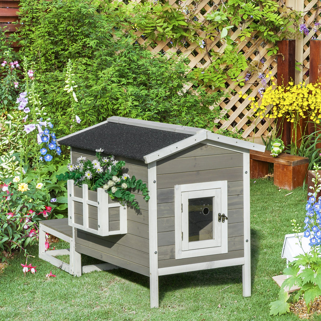 Maisonnette pour chats niche extérieure surélevé avec terrasse étanche en bois, dim. 115L x 66,5P x 74,7H cm, gris-9