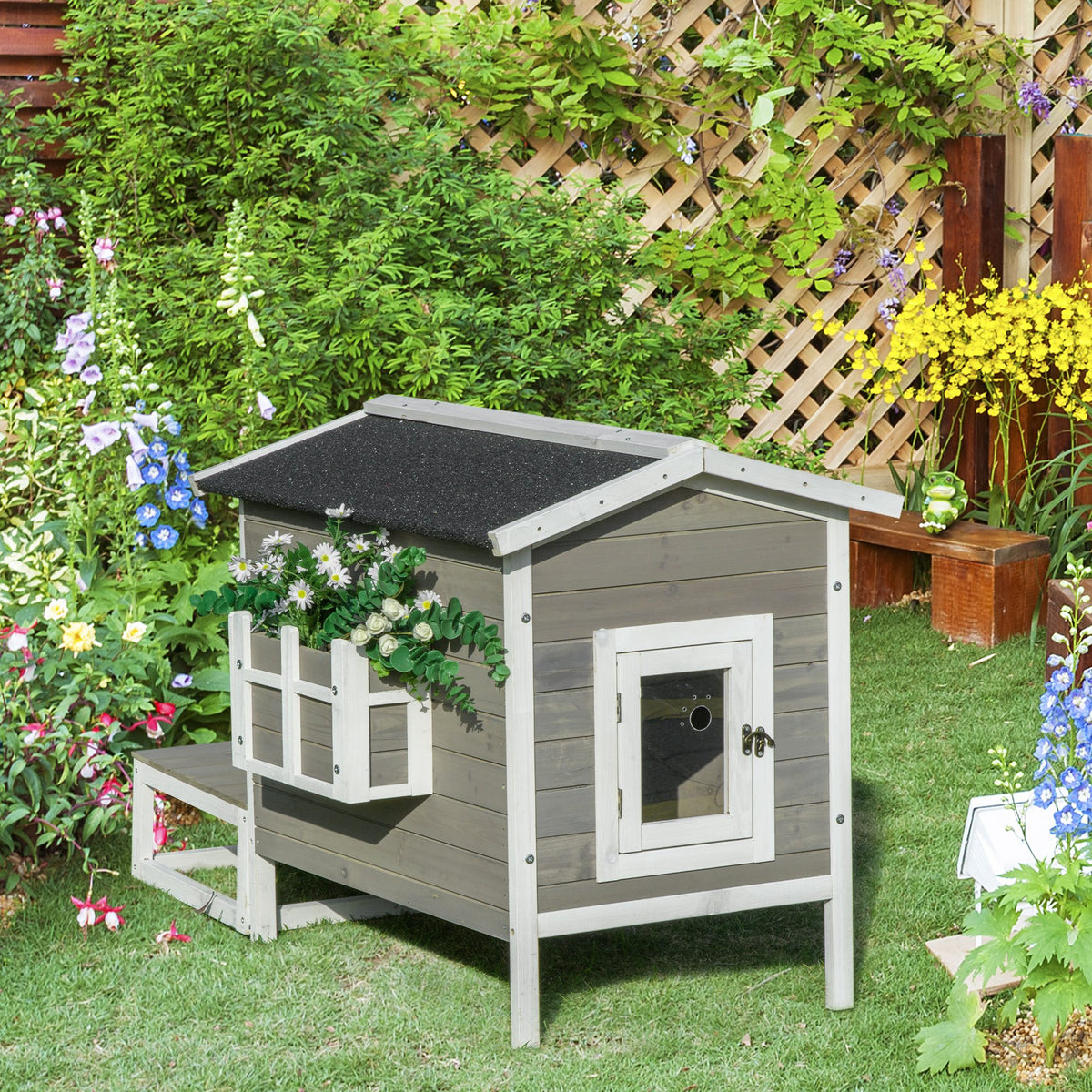 Maisonnette pour chats niche extérieure surélevé avec terrasse étanche en bois, dim. 115L x 66,5P x 74,7H cm, gris-9