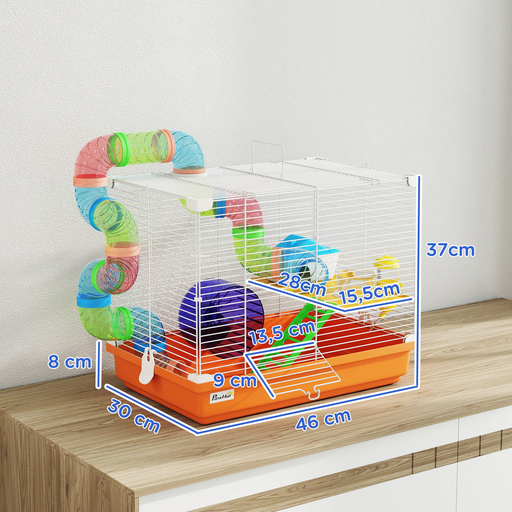 Cage à Hamster Rongeur 2 Niveaux avec Tunnel, Biberon d'Eau, Roue, Maisonnette, Échelles, 46 x 30 x 37 cm, Orange-2