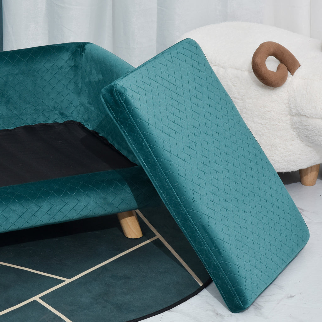Canapé chien lit pour chien design scandinave coussin moelleux pieds bois massif dim. 64 x 45 x 36 cm velours bleu canard-7