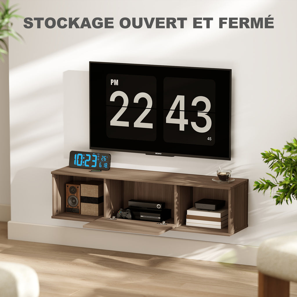 Meuble TV suspendu, Armoire murale avec 2 compartiments ouverts et porte rabattable, 120 x 30 x 29,5 cm, marron-3