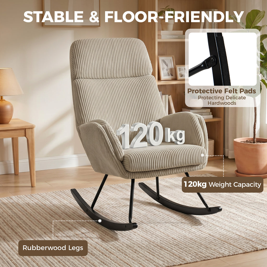 Fauteuil à Bascule, Rocking Chair en Velours Côtelé avec Dossier Haut et Accoudoirs, Pieds en Bois d'hévéa, Beige-7