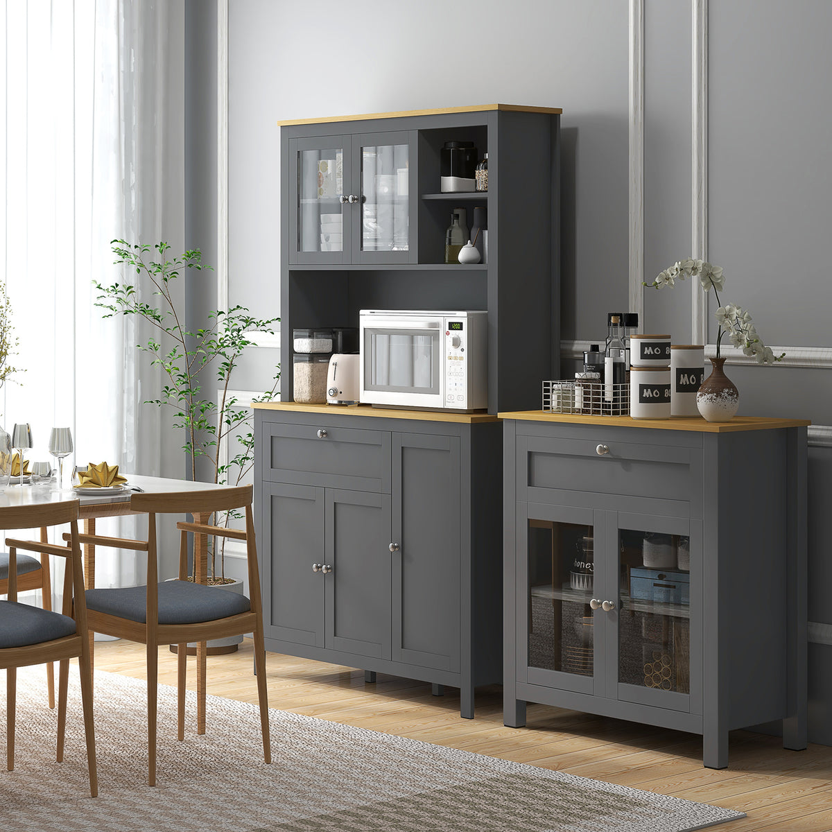 Armoire de cuisine buffet cuisine 5 portes dont 2 portes vitrées et 1 tiroir, 1 niche centrale - hauteur 180 cm gris-1