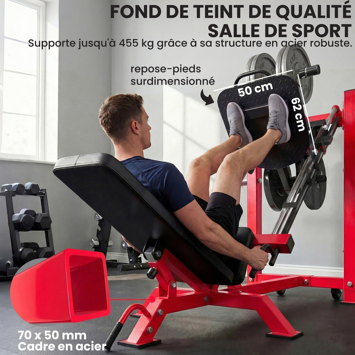 Presse à Cuisses Professionnelle Machine Musculation Jambes et Hack Squat 455kg Appareil Réglable 185x120x140cm Rouge-3