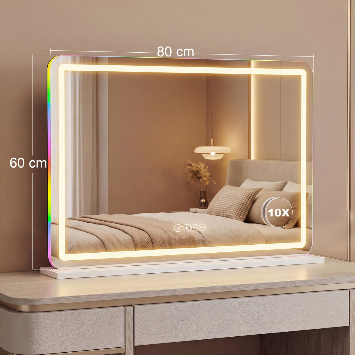 Miroir maquillage lumineux 80x60cm, miroir coiffeuse LED dimmable, lumière RGB, 3 températures de couleur, blanc-2