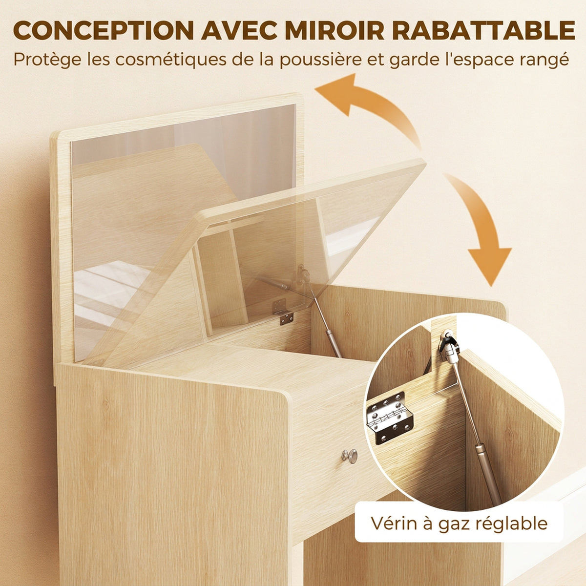 Coiffeuse Bureau 2 en 1 avec Miroir Rabattable et Tabouret, Table de Maquillage avec Tiroir et 6 Compartiments, Chêne-4