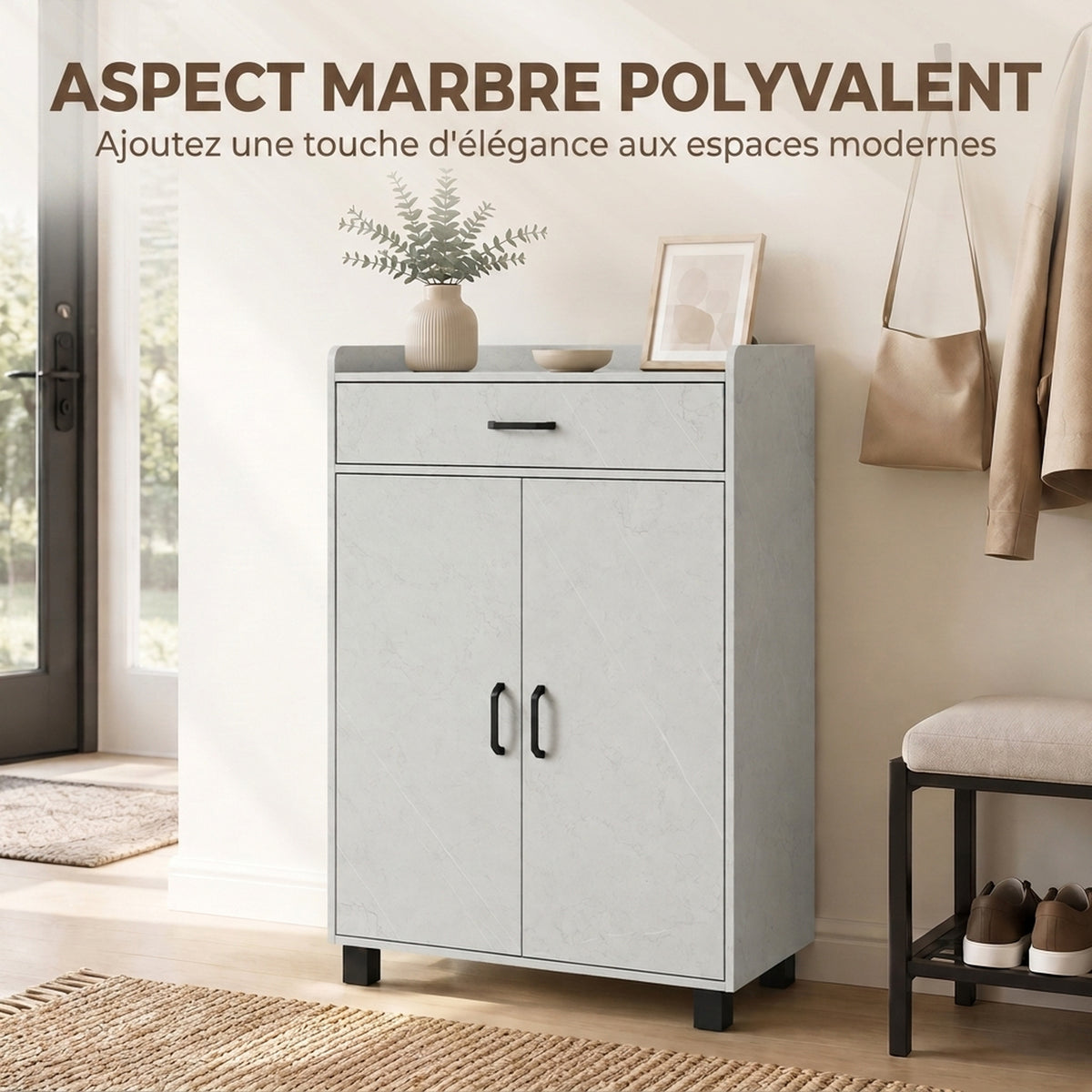 Meuble à Chaussures, Armoire à Chaussures avec 2 Portes, Tiroir, 5 Compartiments et Étagères Réglables, Gris-5
