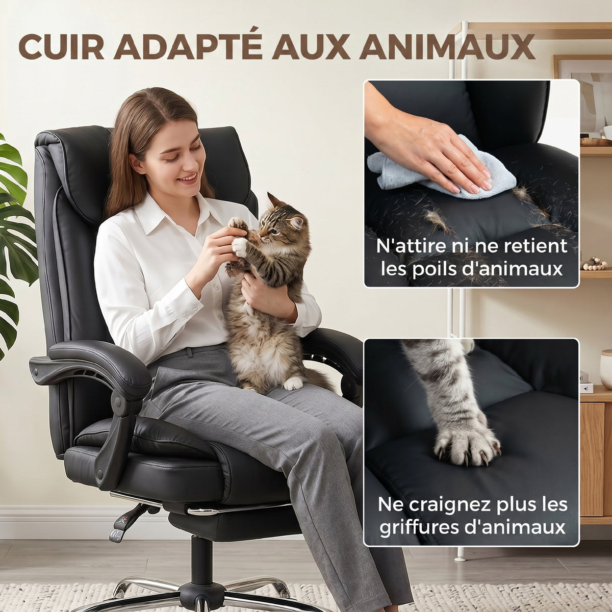 Chaise de bureau ergonomique, fauteuil de bureau inclinable avec repose-pieds, hauteur réglable, pivotante 360°, noir-4