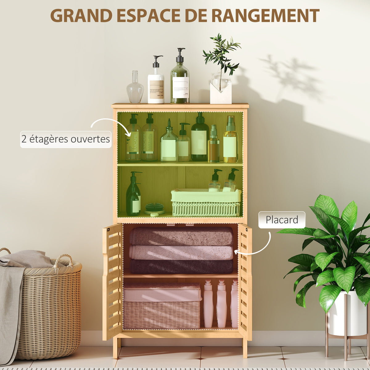 Meuble de rangement salle de bain en bambou avec 2 portes ajourées et 2 compartiments 50 x 29 x 92 cm naturel-3